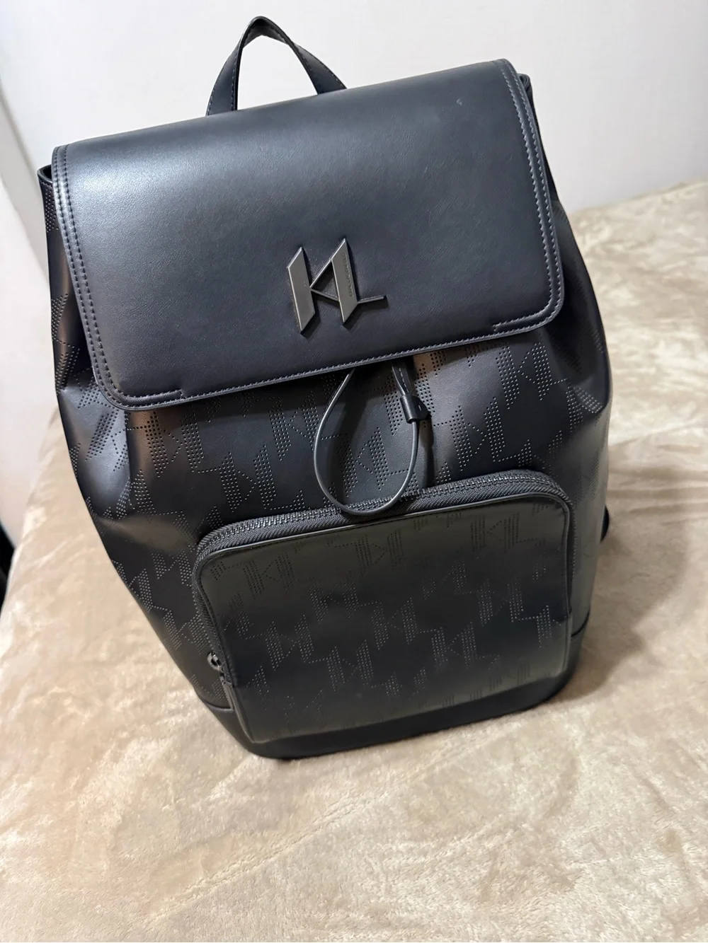 Men Karl Lagerfeld Black Perforated Leather Backpack